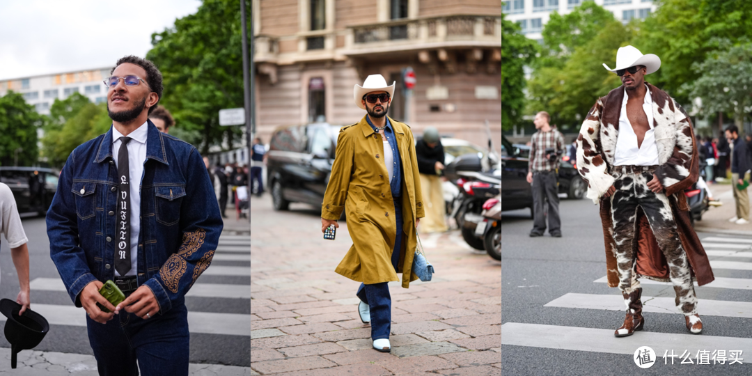 今年6月法国·巴黎时装周男装春夏2025上，几名嘉宾的路易威登深牛仔风格穿着引人注目